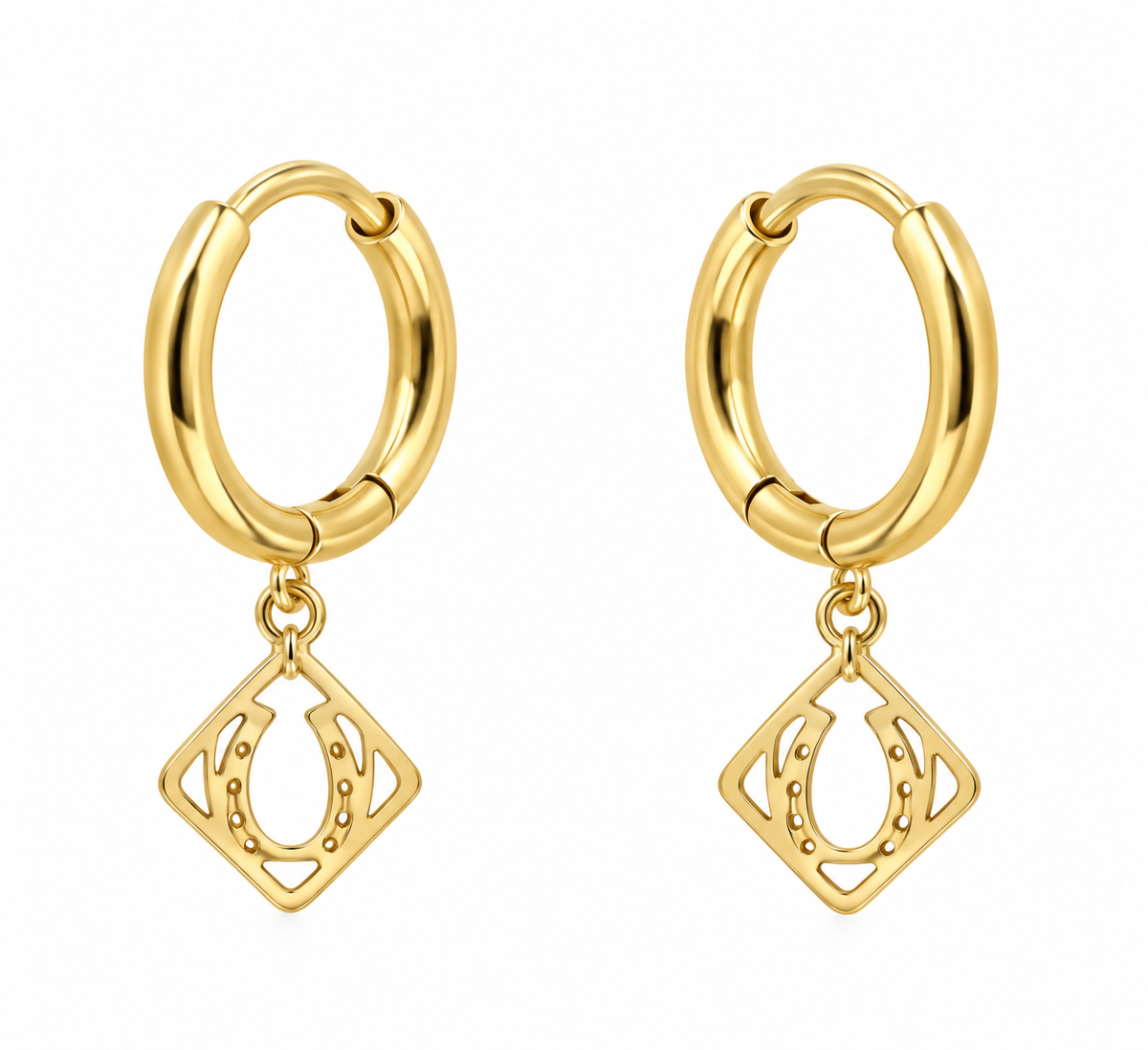 Boucles d’oreilles créoles Dixie dorées avec pendentif fer à cheval – Equestrian Shop
