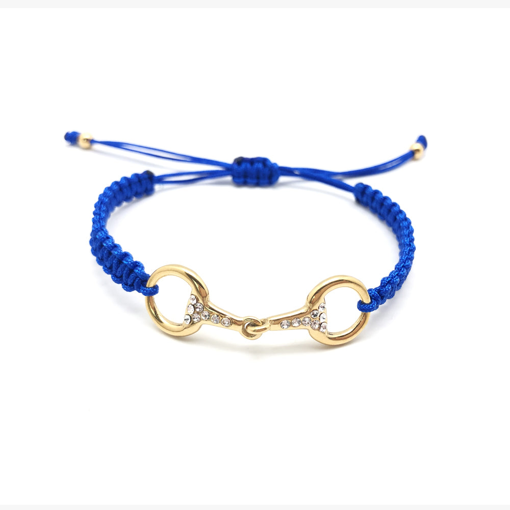Bracelet tréssé bleu roi avec un mors dorée orné de strass réglable pour petit et grand poignet cadeau idéal pour la cavalière qui monte à cheval en écurie ou centre equestre 