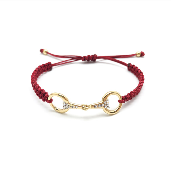 Bracelet tréssé bordeaux avec un mors dorée orné de strass réglable pour petit et grand poignet cadeau idéal pour la cavalière qui monte à cheval en écurie ou centre equestre 