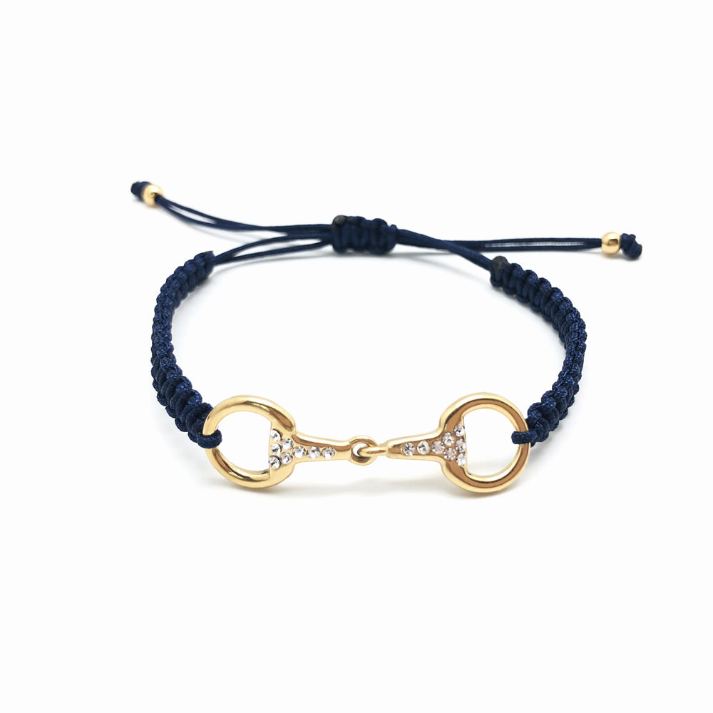 Bracelet tréssé bleu marine avec un mors dorée orné de strass réglable pour petit et grand poignet cadeau idéal pour la cavalière qui monte à cheval en écurie ou centre equestre 