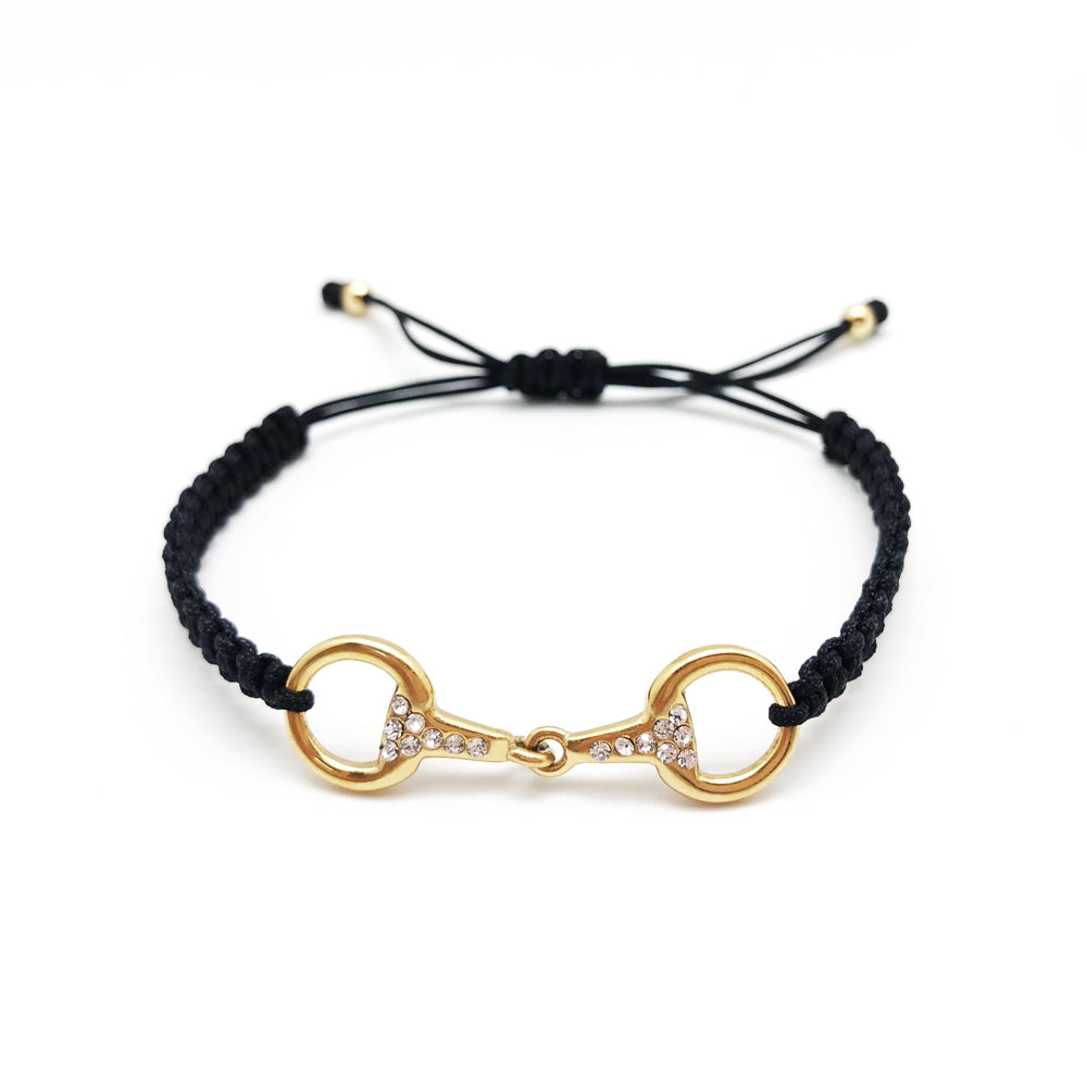 Bracelet tréssé noir avec un mors dorée orné de strass réglable pour petit et grand poignet cadeau idéal pour la cavalière qui monte à cheval en écurie ou centre equestre 