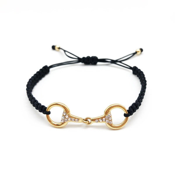 Bracelet tréssé noir avec un mors dorée orné de strass réglable pour petit et grand poignet cadeau idéal pour la cavalière qui monte à cheval en écurie ou centre equestre 